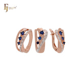 Conjunto de joias de dois tons com anéis e três zircônias azuis e brancas em ouro rosa