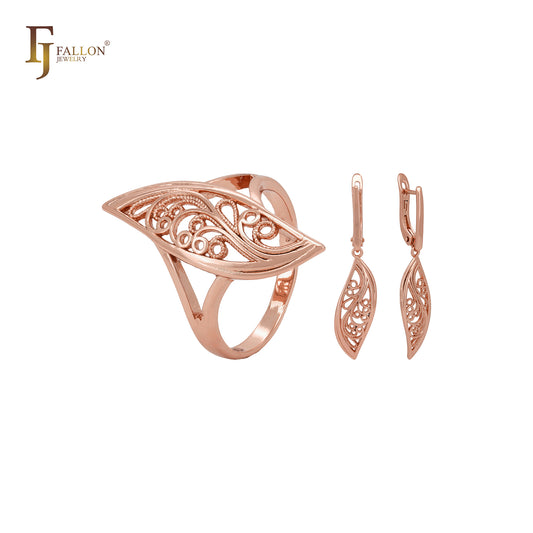 Filigrane Tropfenblätter aus Roségold, Modeschmuck-Set mit Ringen