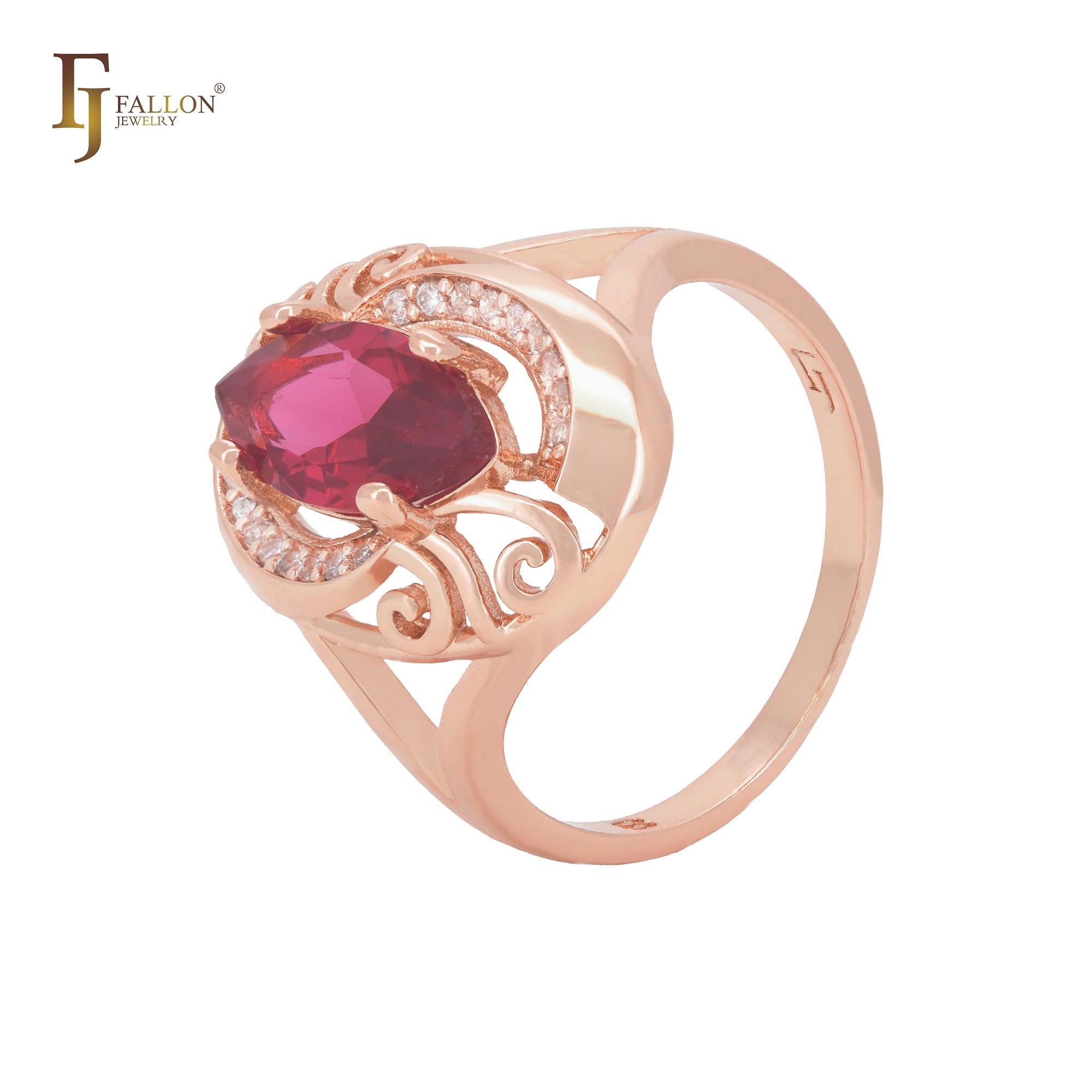 Anillos de moda de oro rosa con filigrana de ondas y solitario marquesa de circonitas rojas