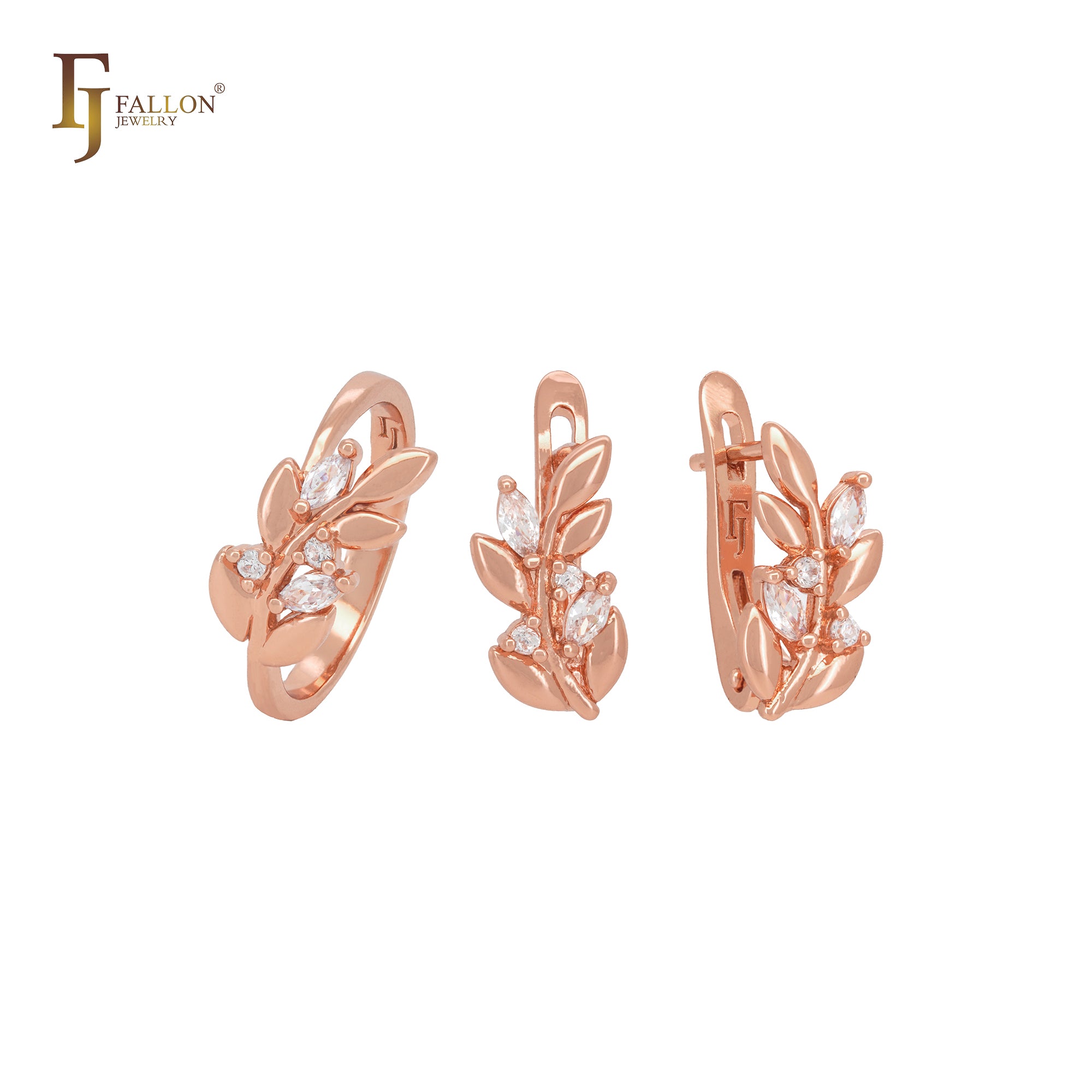Conjunto de joias em ouro rosa com anéis e zircônias cúbicas brancas em flor desabrochando