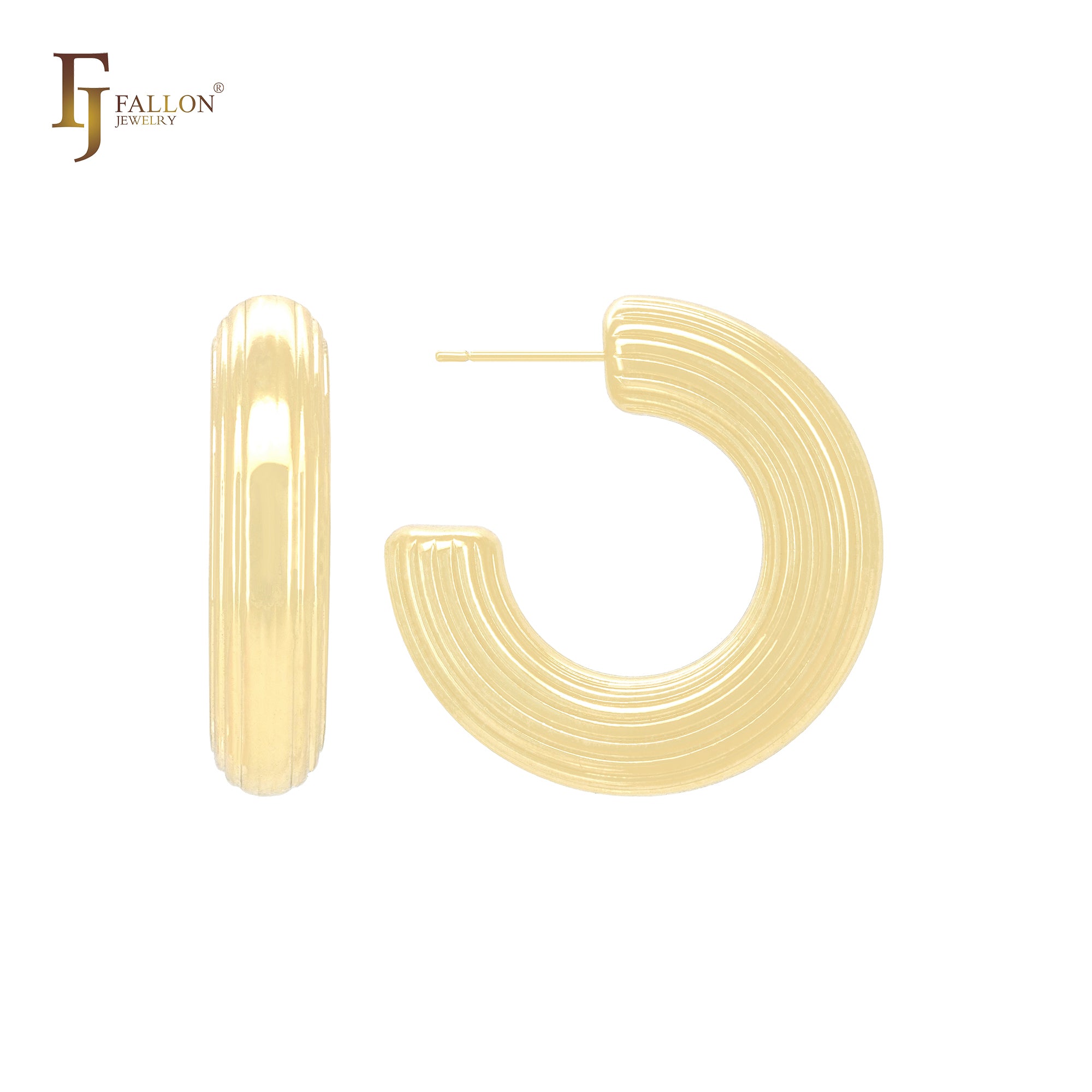 Brincos de argola em formato de C com fluxos paralelos, tubo arredondado brilhante, ouro 14K, ouro rosa e ouro branco