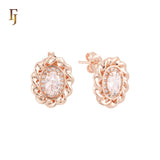 Oval Spinning ribbon of Oval halo white CZs 14K Gold, Rose Gold Stud Earrings