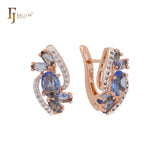 Sparkling blue and white CZs cluster luxurious Rose Gold two tone Russian Lock Earrings