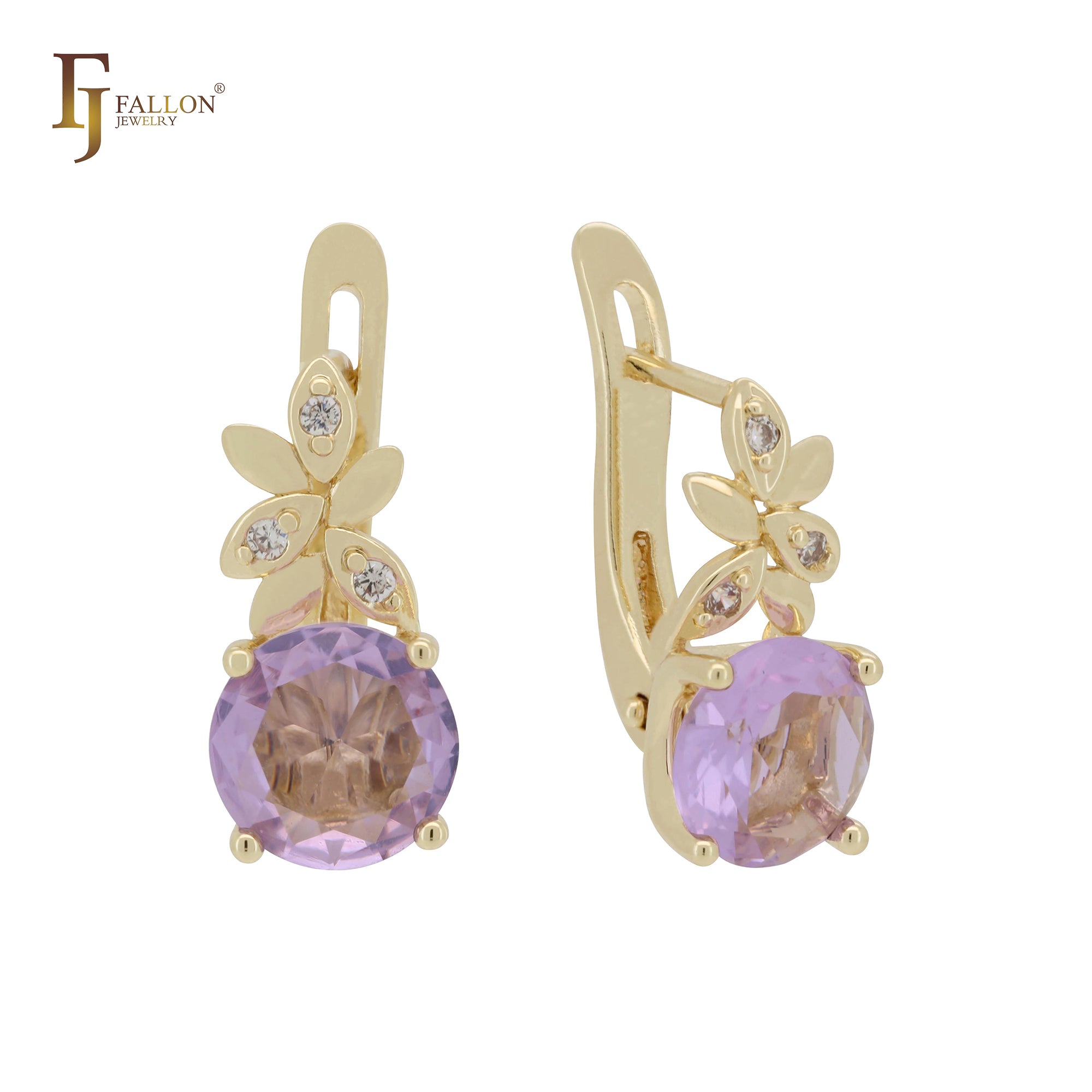 Flower branches solitaire rounded cz Rose Gold, 14K Gold Russian Lock Earrings