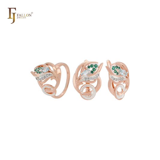 Luxurious phoenix peacock feather colorful CZs Rose Gold two tone Jewelry Set with Rings