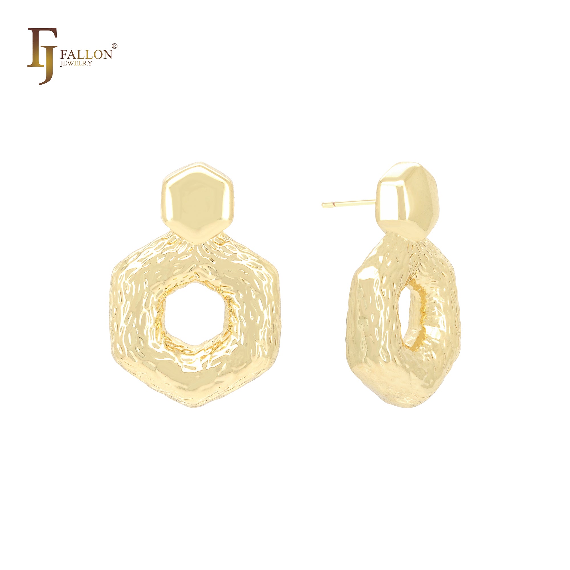 Brincos de pino com textura ondulada hexagonal em ouro 14K, ouro rosa e ouro branco