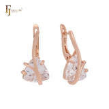 Elegant branch clawed solitaire triangular white CZ Rose Gold Russian Lock Earrings