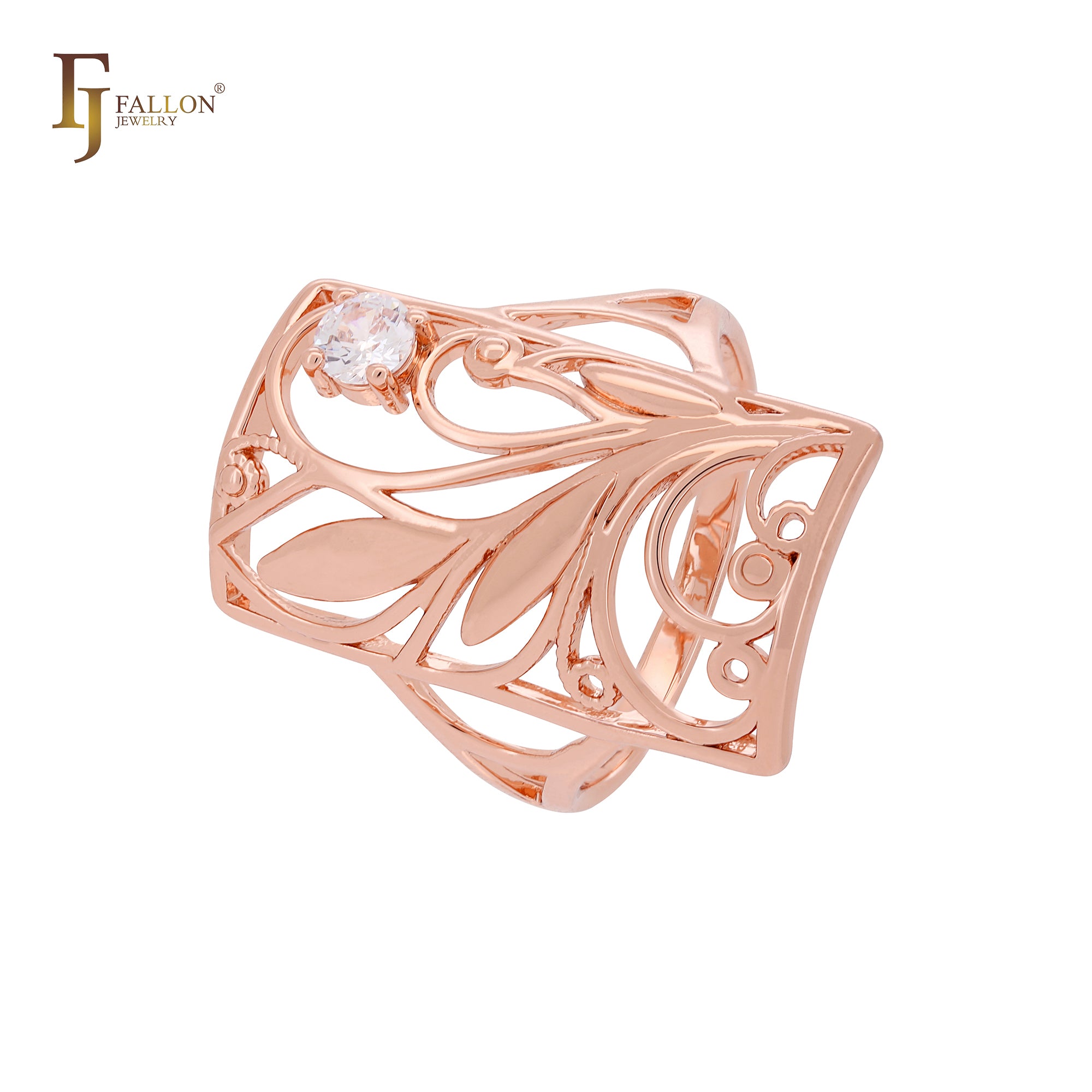 Anéis de moda em ouro rosa com filigrana quadrada de folhas e galhos