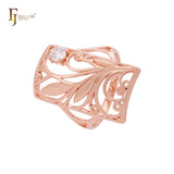 Anéis de moda em ouro rosa com filigrana quadrada de folhas e galhos