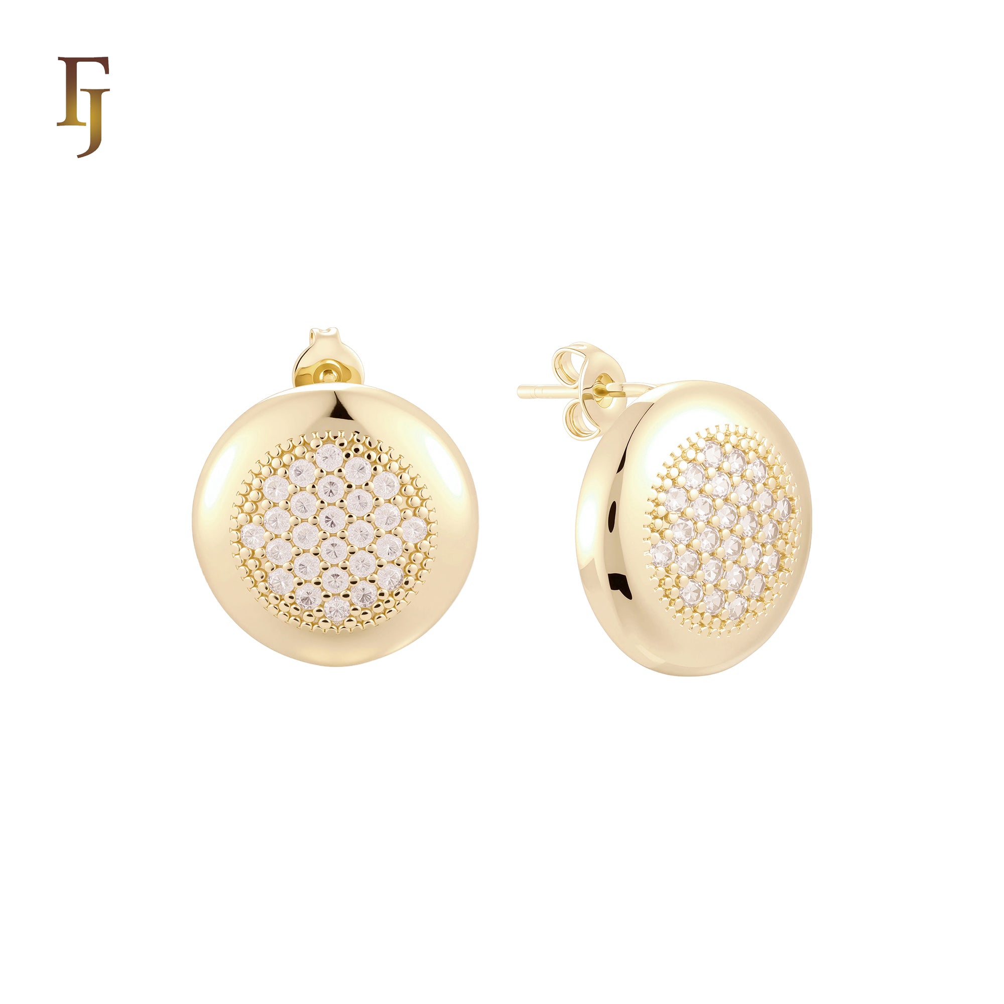 Rounded disc of white Czs 14K Gold, Rose Gold Stud Earrings