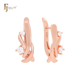 Twisted interlocking crossing ribbons with double white CZs Rose Gold Russian Lock Earrings