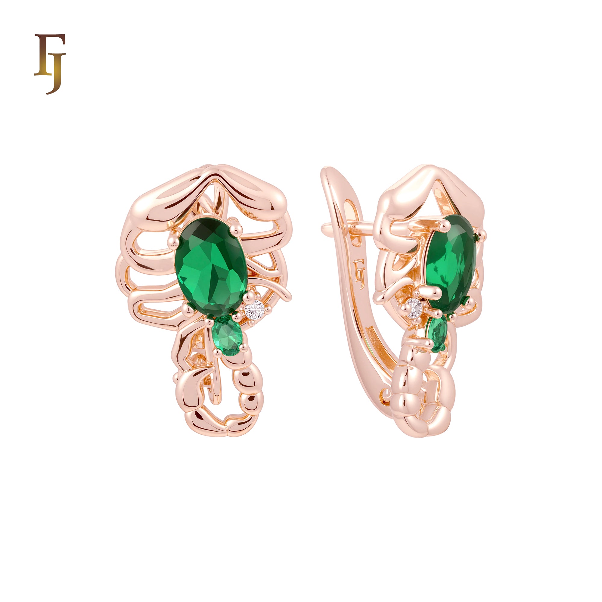 Great Scorpio of Emerald Green CZs Rose Gold Russian Lock Earrings