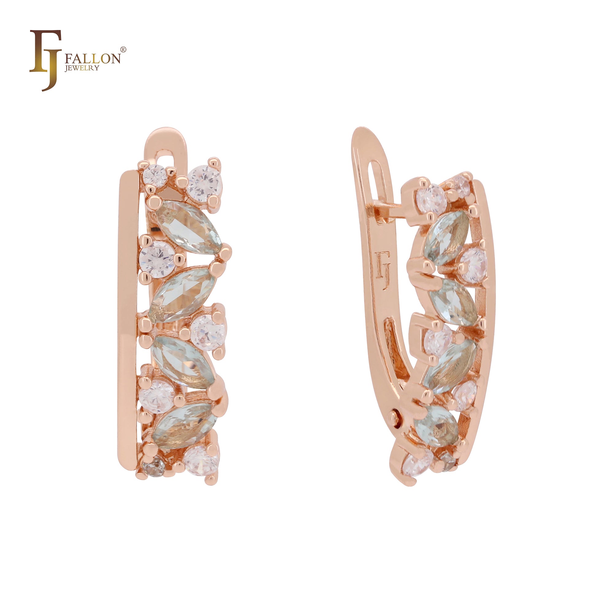 Cluster white and blue flora CZs Rose Gold Russian Lock Earrings