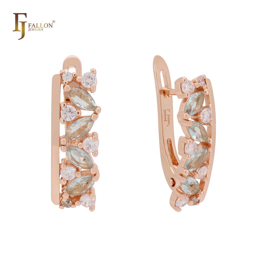 Cluster white and blue flora CZs Rose Gold Russian Lock Earrings