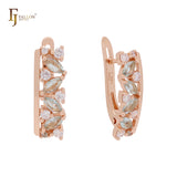 Cluster white and blue flora CZs Rose Gold Russian Lock Earrings