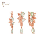 Conjunto de joias com pingente em ouro rosa e zircônias cúbicas em verde-maçã e flores