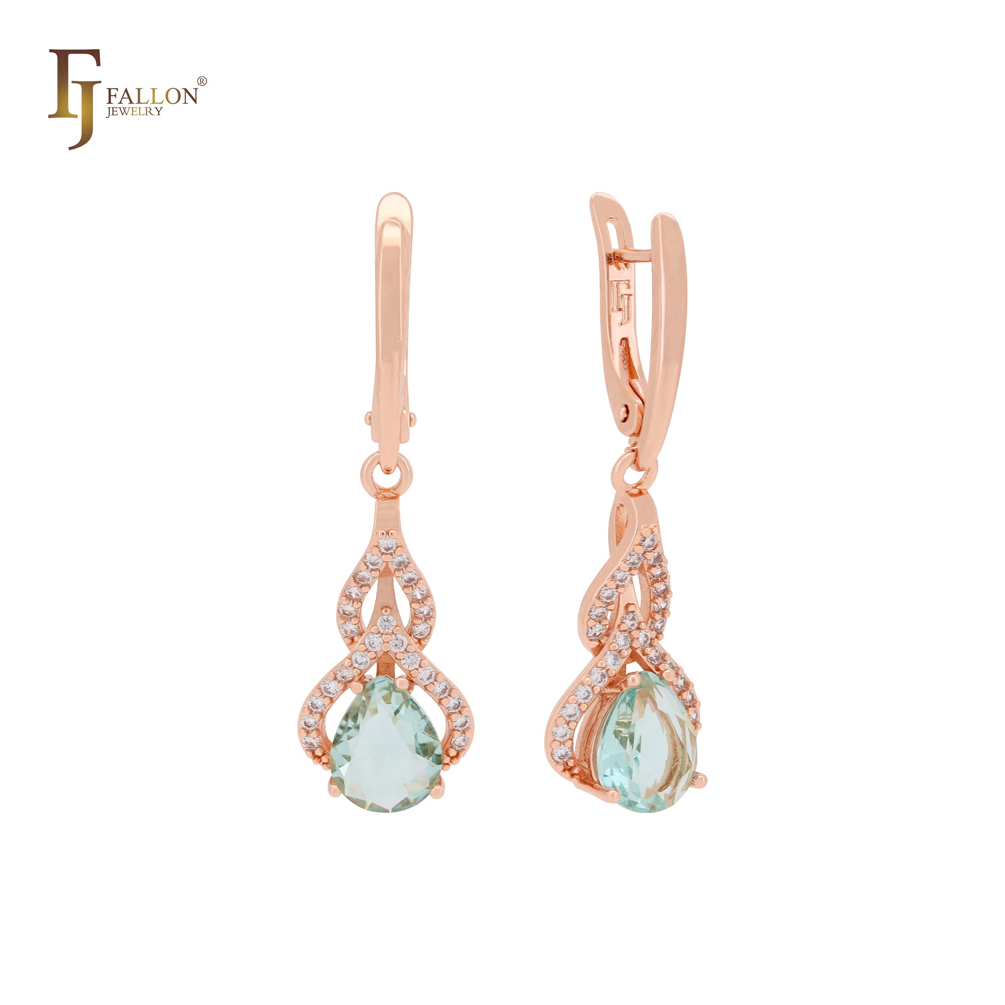 Paved white CZs with solitaire teardrop apple green CZ Rose Gold Russian Lock Earrings