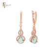 Paved white CZs with solitaire teardrop apple green CZ Rose Gold Russian Lock Earrings