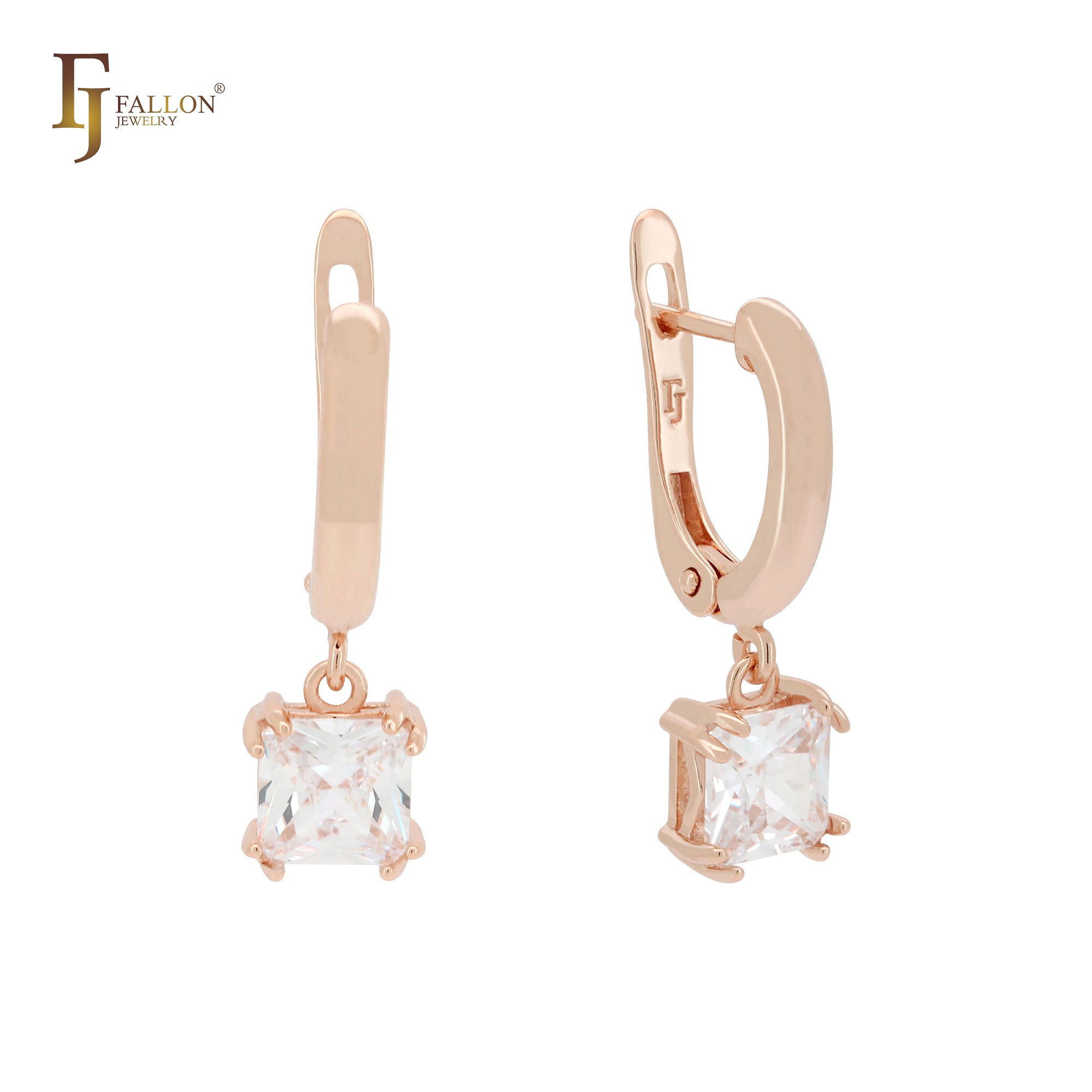 Solitaire asser cut cz drop 14K Gold, Rose Gold, White Gold Russian Lock Earrings