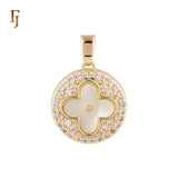 Lucky Disc Cluster white CZs Clover of Black or white Onyx 14K Gold, Rose Gold Pendant