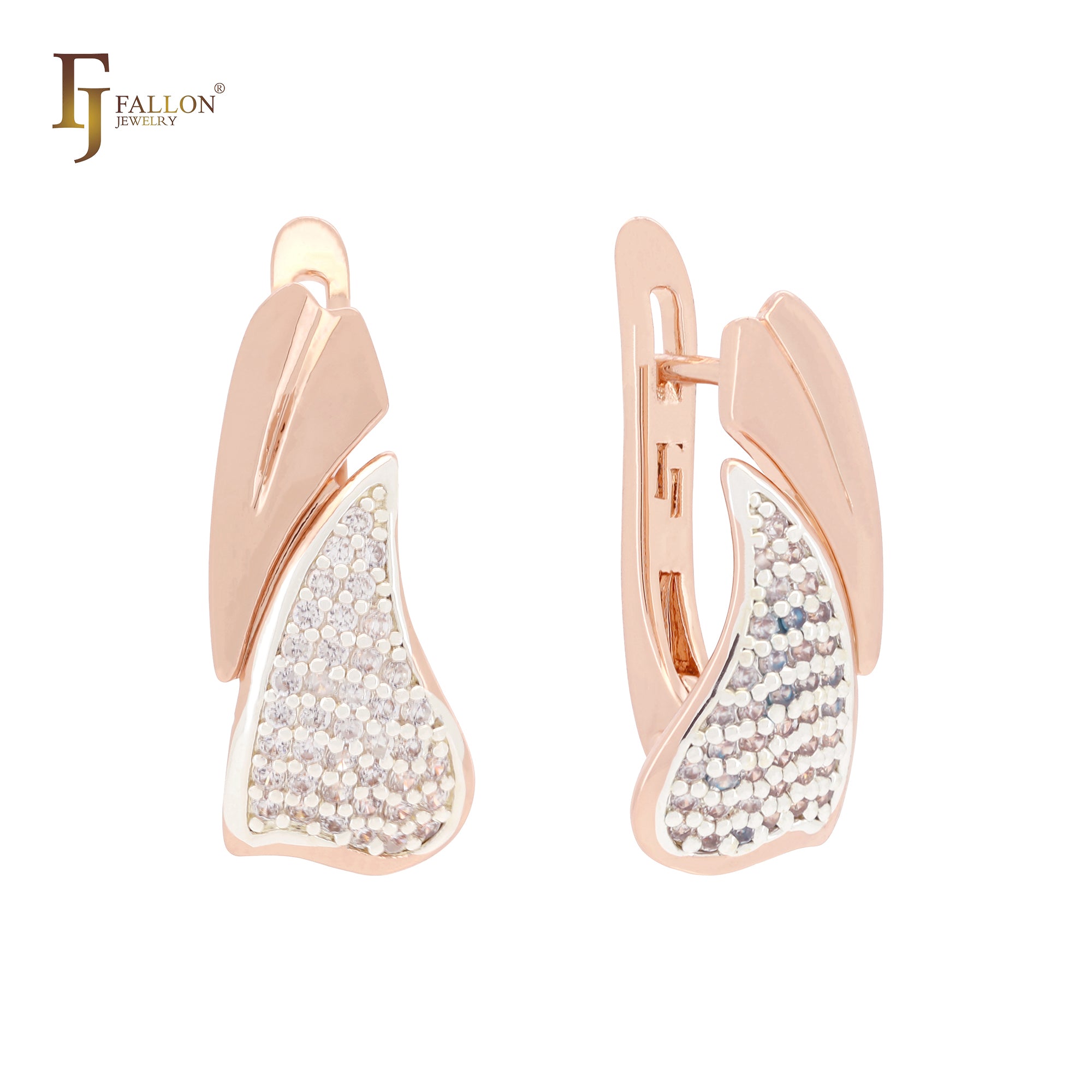 Double leaves of white CZs Rose Gold two tone Russian Lock Earrings