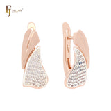 Double leaves of white CZs Rose Gold two tone Russian Lock Earrings