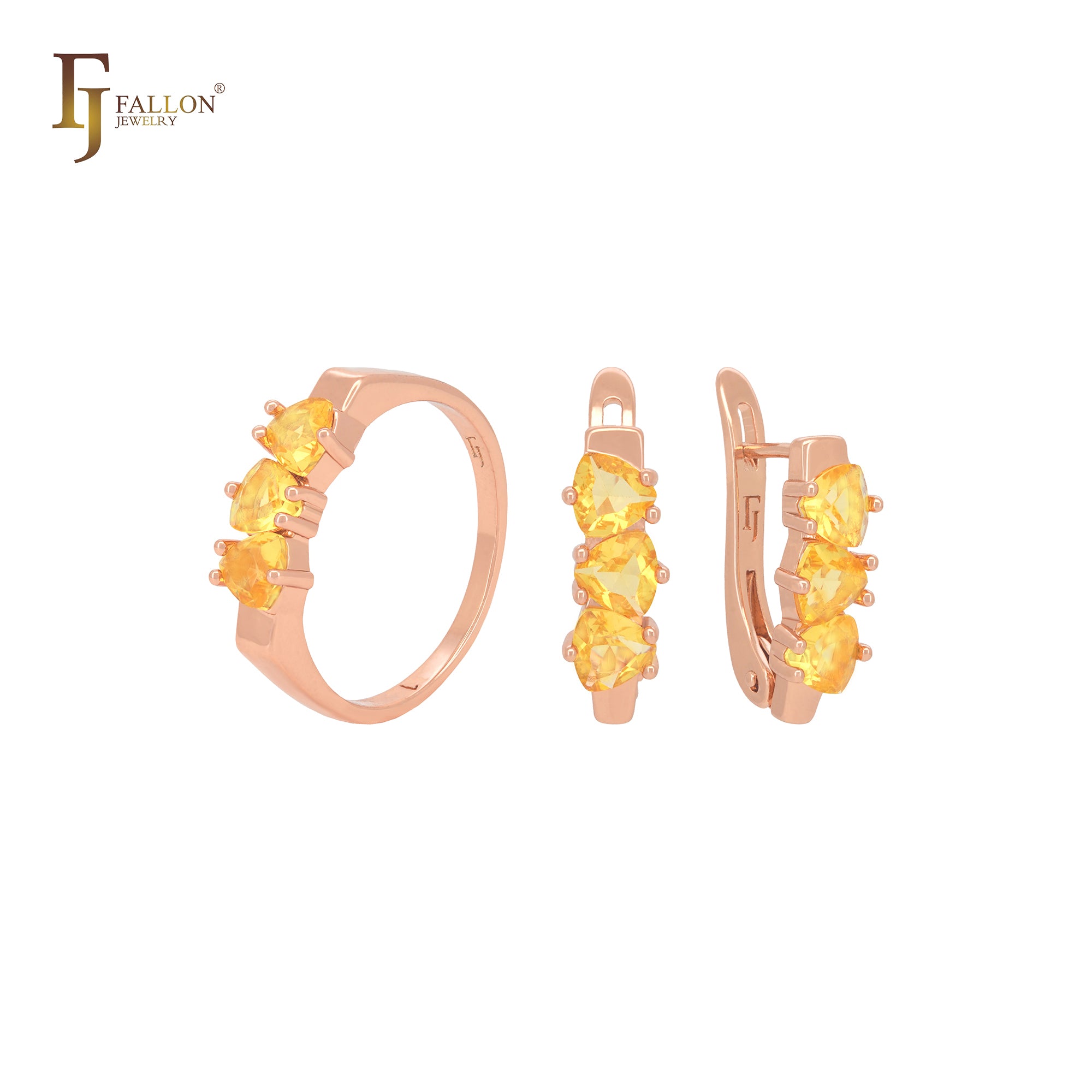 Conjunto de joyas con anillos en oro rosa y circonitas triangulares, triple champán, naranja y amarillo