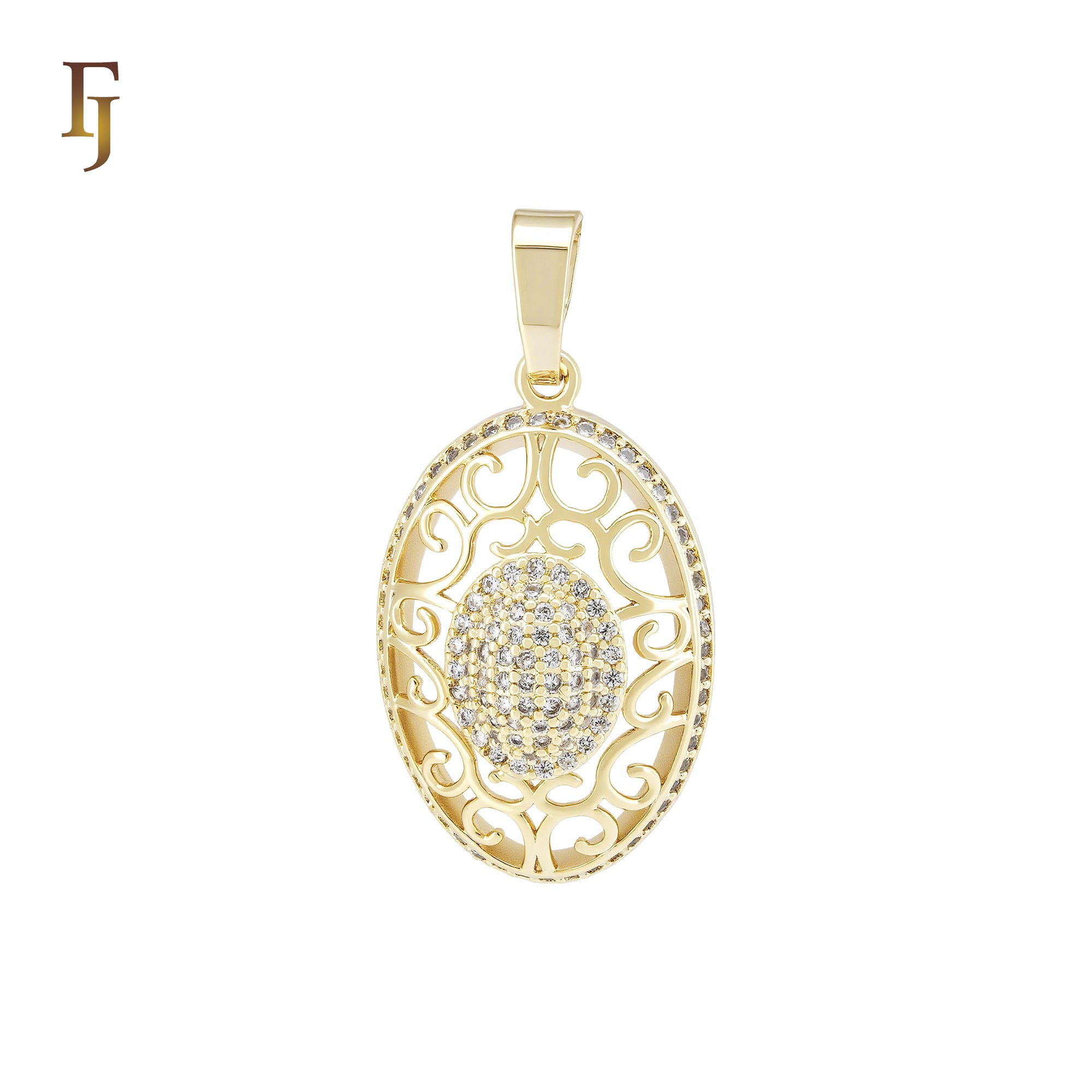 Oval Halo Filigree of white CZs 14K Gold Pendant