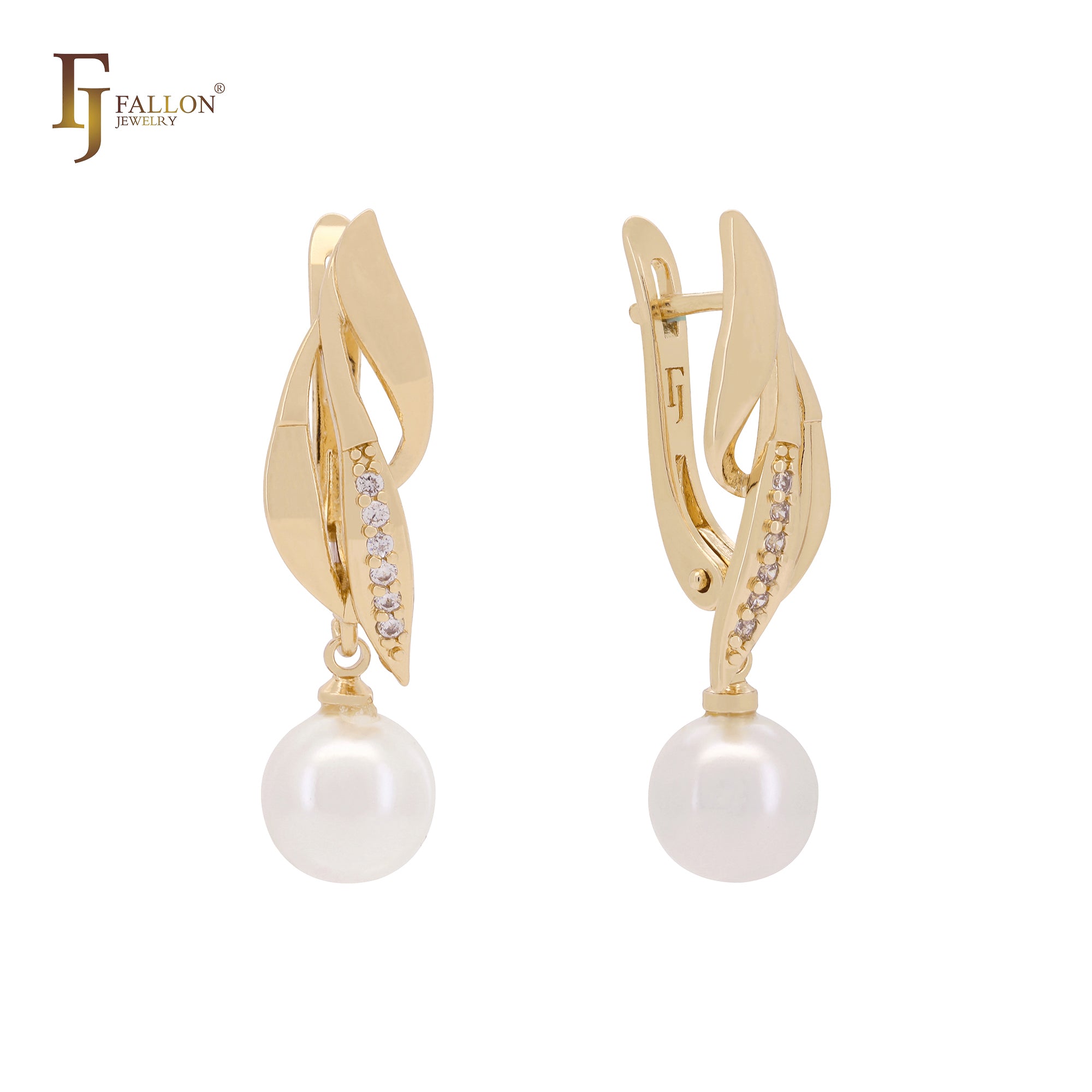 Elegant leave drop pearl with white CZs Rose Gold Russian Lock Earrings