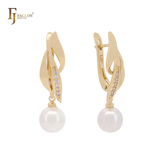 Elegant leave drop pearl with white CZs Rose Gold Russian Lock Earrings