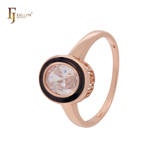 Anillos de moda de oro rosa con solitario ovalado de circonitas blancas y círculos negros