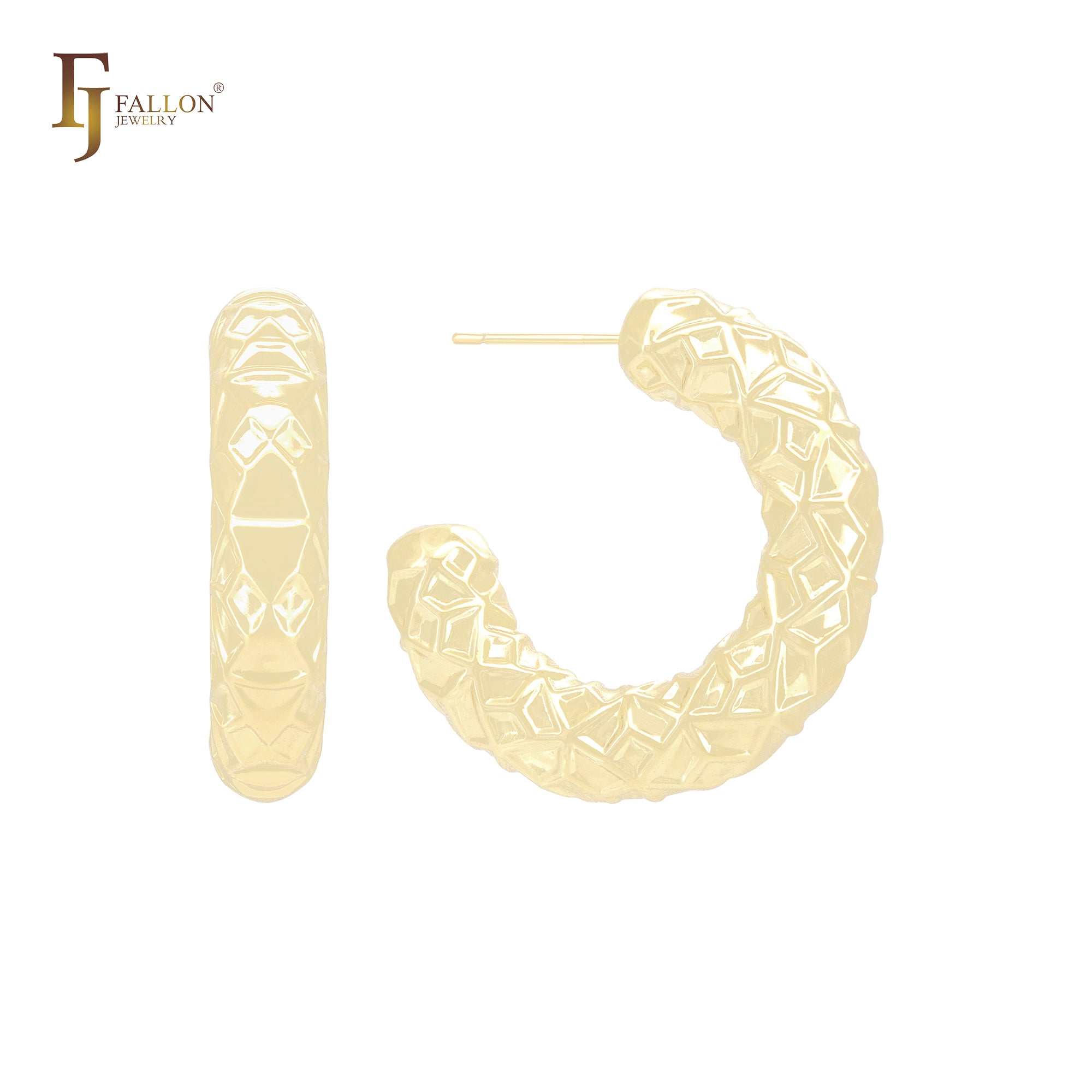 Brincos de argola em formato de losango com textura arredondada em formato de C, ouro 14K, ouro rosa e ouro branco