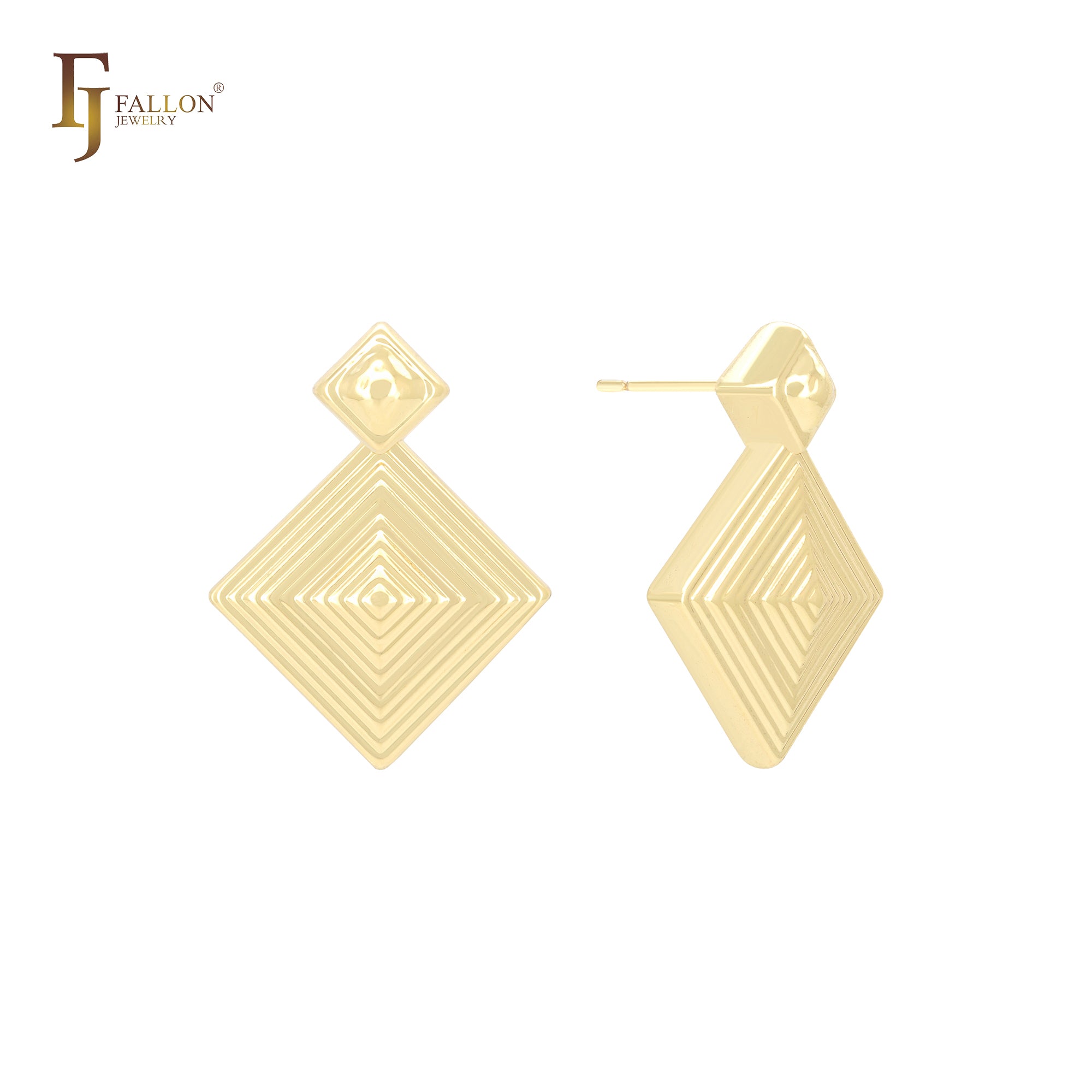 Brincos de pino em forma de losango com pirâmide de mil camadas em ouro 14K, ouro rosa e ouro branco