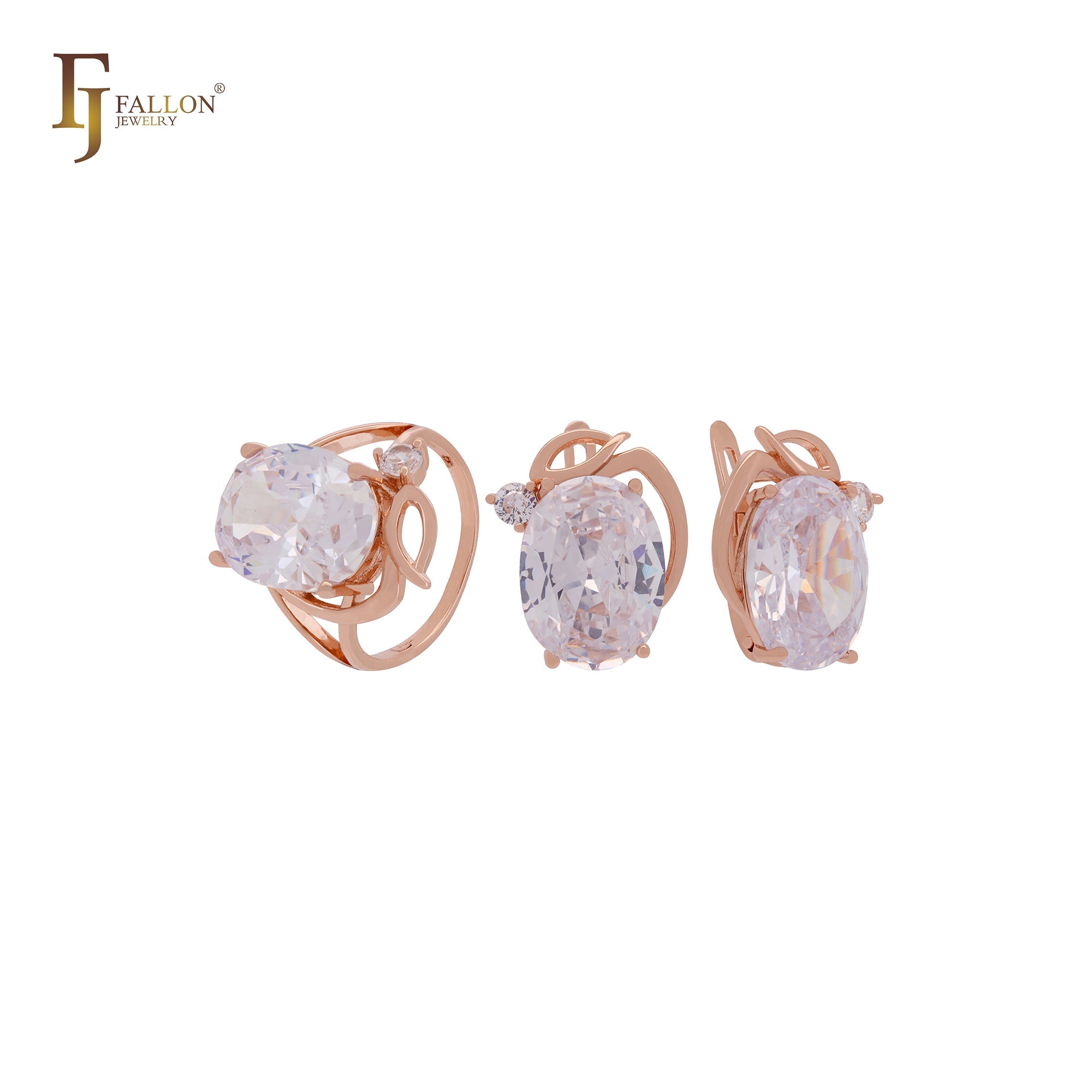 Riesiger ovaler großer Solitär mit weißen, orangefarbenen oder seeblauen Zirkonia. Luxuriöses Schmuckset aus Roségold mit Ringen