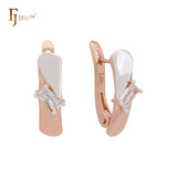 Rectangular cut white CZ solitaire wide Rose Gold two tone Russian Lock Earrings