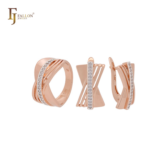Geometric overlapped slash of white CZs Rose Gold two tone Jewelry Set with Rings