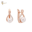 Pearl with white CZs minimalism Rose Gold two tone Russian Lock Earrings