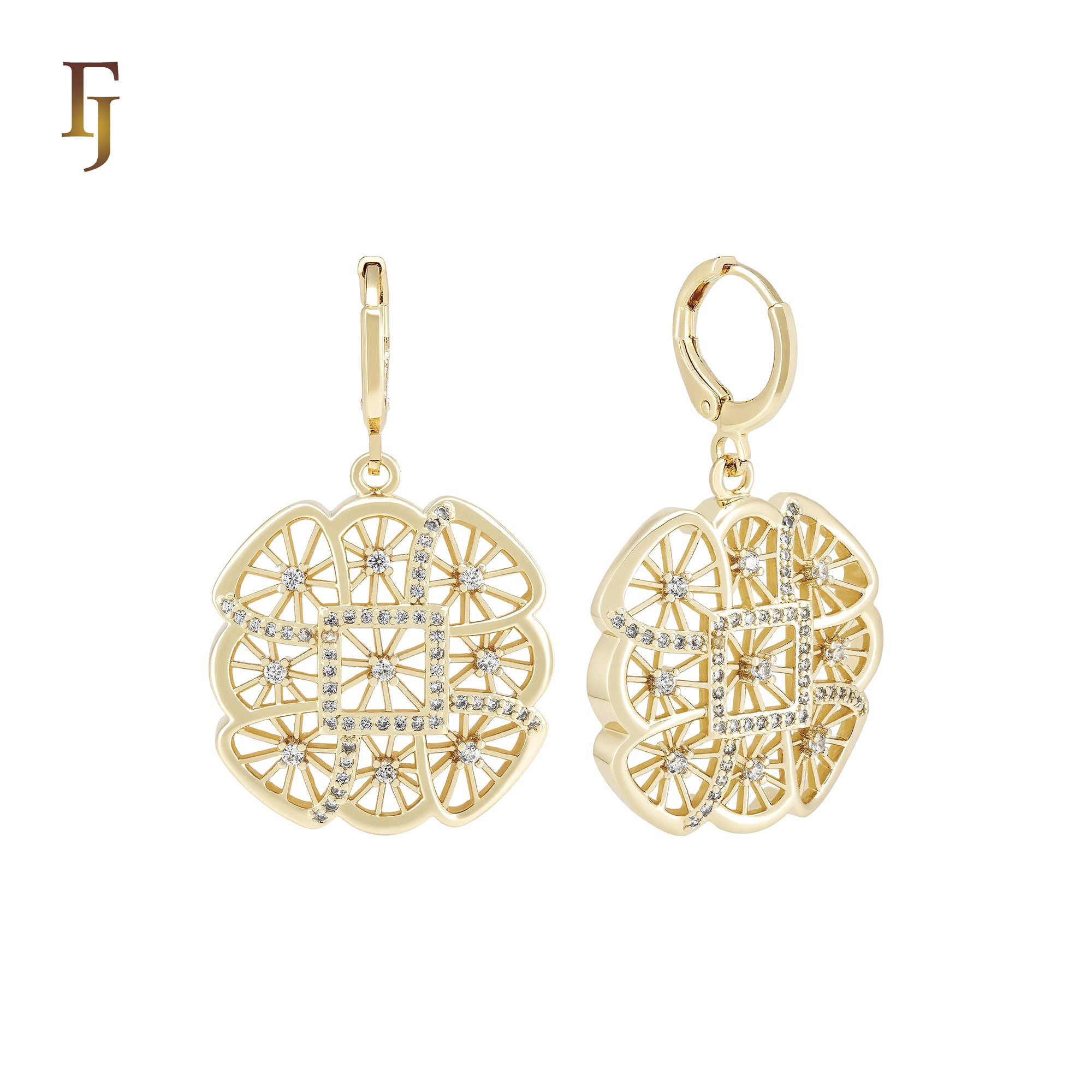 Flower of eight petals Snowflake of white CZs 14K Gold Huggie drop Earrings