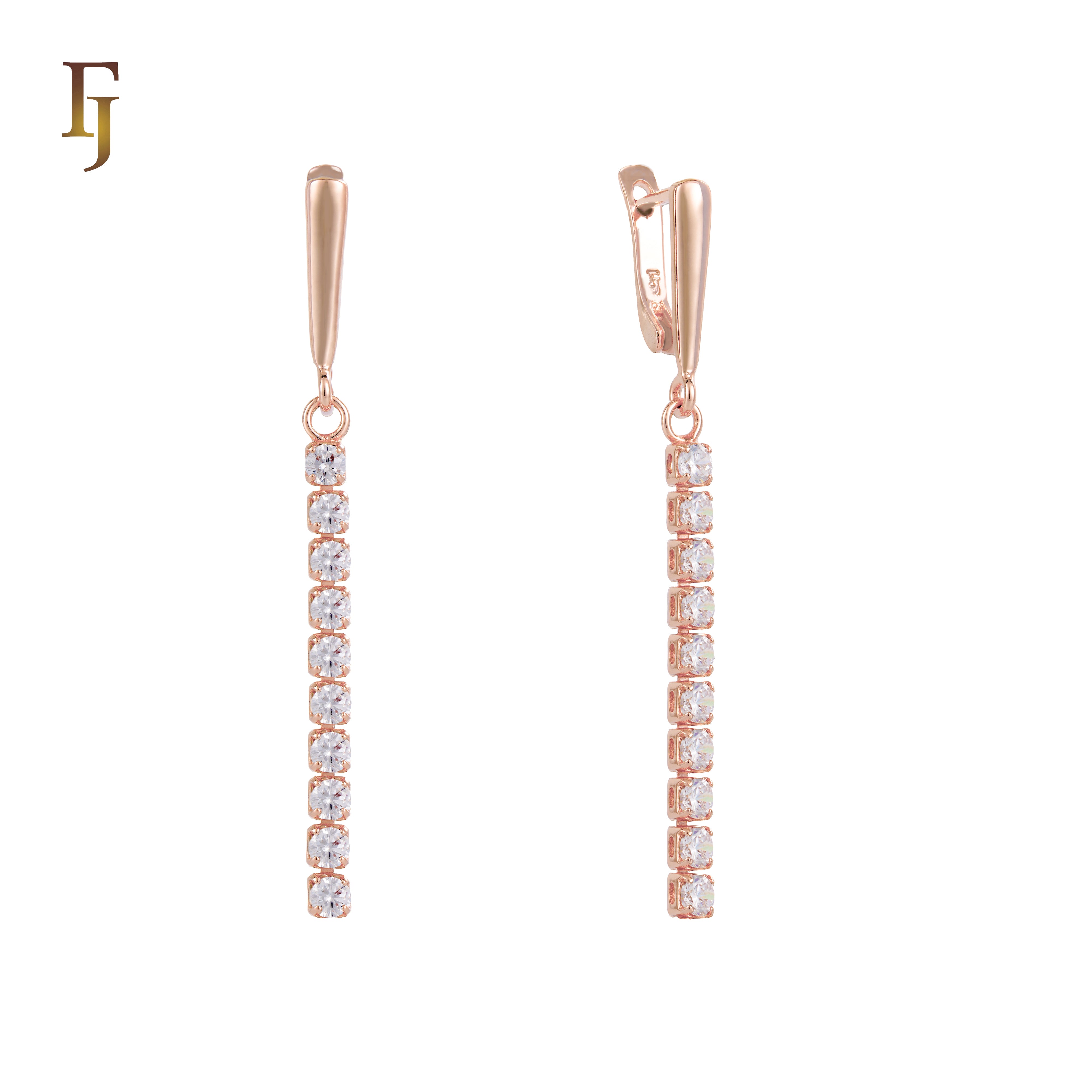 Gold Long Drop Earrings with CZ Tennis Chain – Elegant Sparkling Dangle Earrings for Women – FJ Jewelry