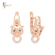 Leopard of circle white CZs and black eyes Rose Gold Russian Lock Earrings