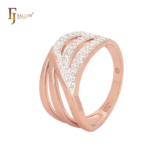 Anéis da moda em ouro rosa com fileiras triplas interligadas com zircônias cúbicas brancas