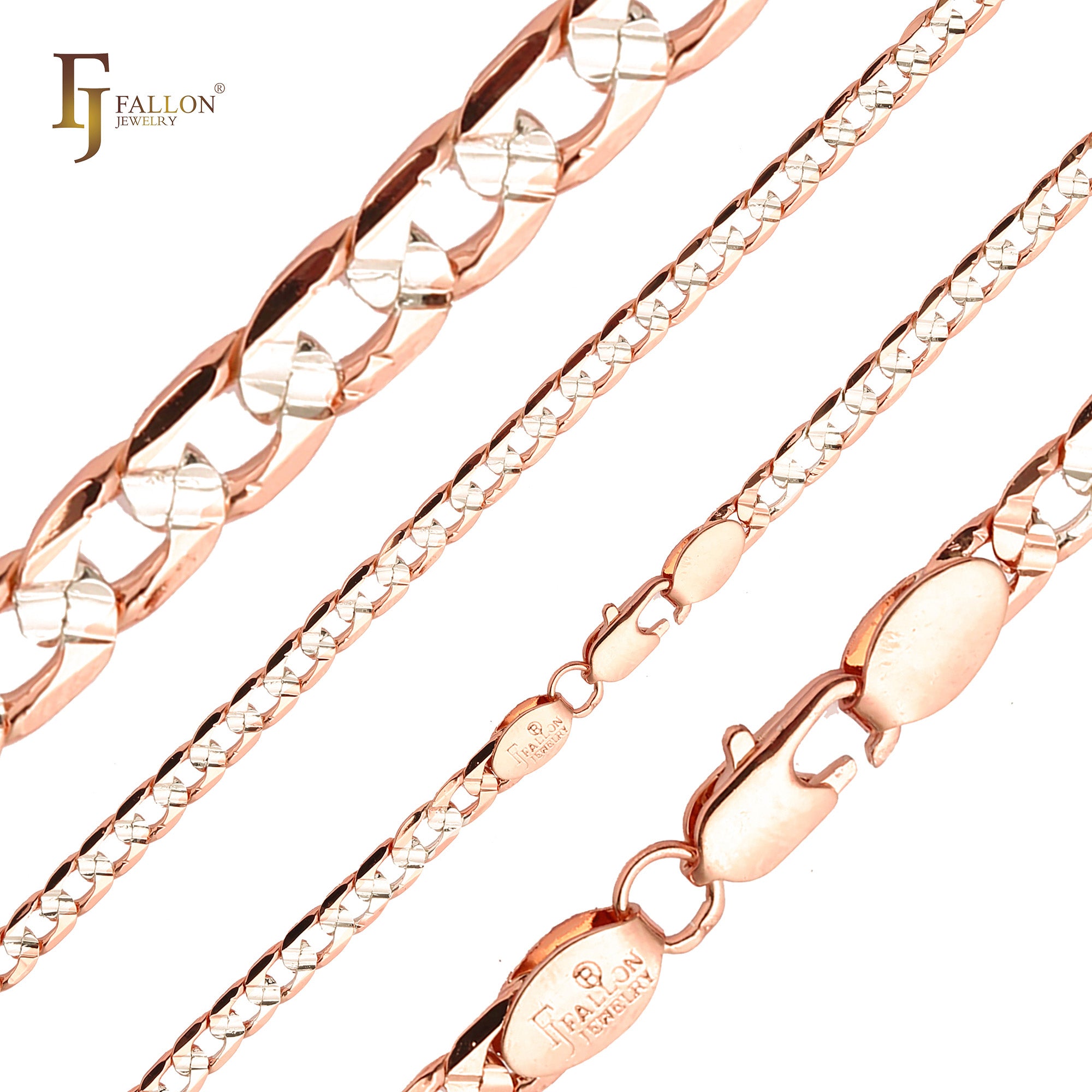 Cadenas curb link martilladas en cruz doble chapadas en Oro 14K, oro rosa, dos tonos