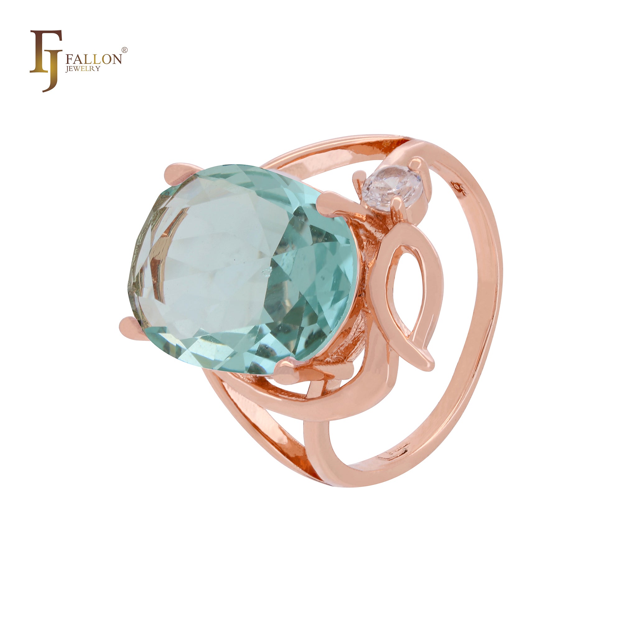 Anillos de moda de oro rosa lujosos con solitario grande ovalado gigante en circonitas blancas, naranjas o azul lago.