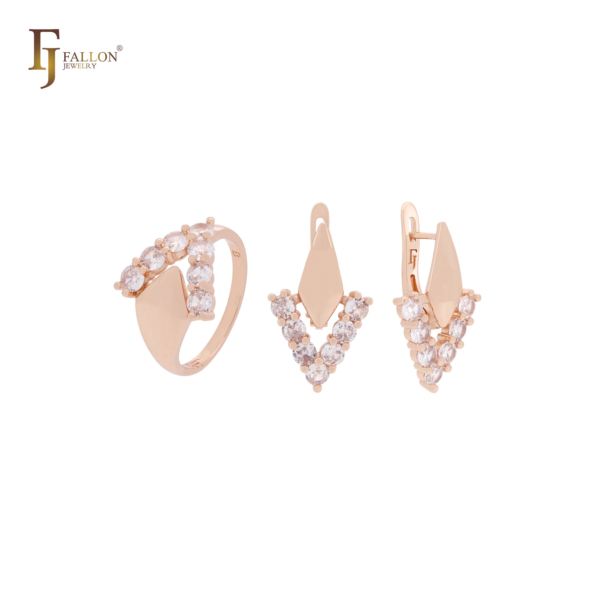 Chevron V-förmiges weißes Cluster CZs Schloss geometrisches Roségold Schmuckset mit Ringen