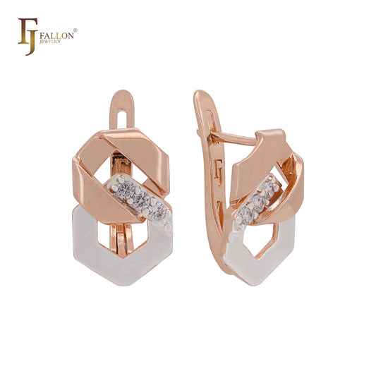 Double ribbon chain link cluster white CZs Rose Gold two tone Clip-On Earrings
