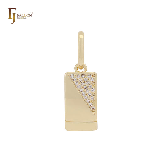 Plain rectangular squared of half white CZs 14K Gold Pendant