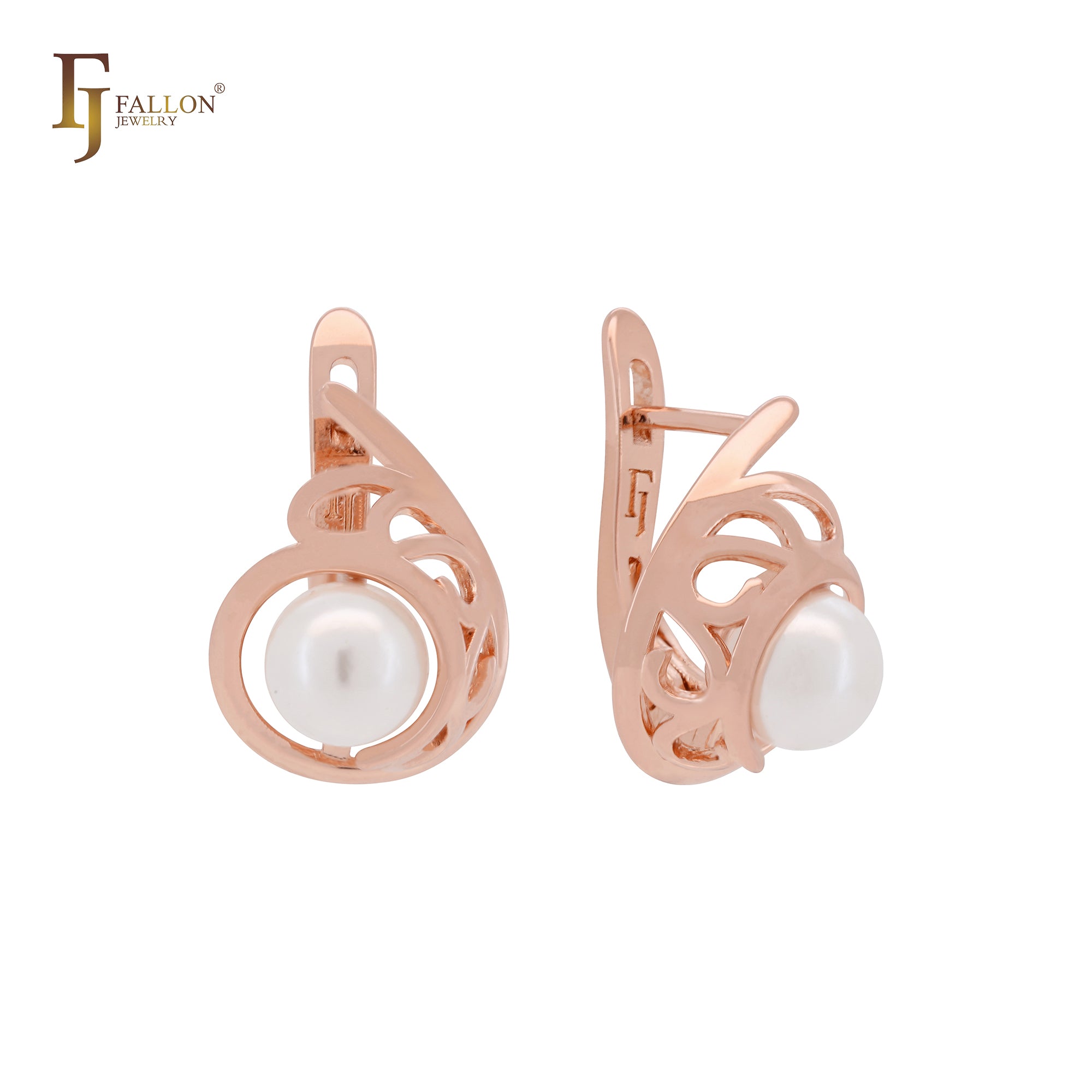 Elegant round clawed pearl Rose Gold Russian Lock Earrings