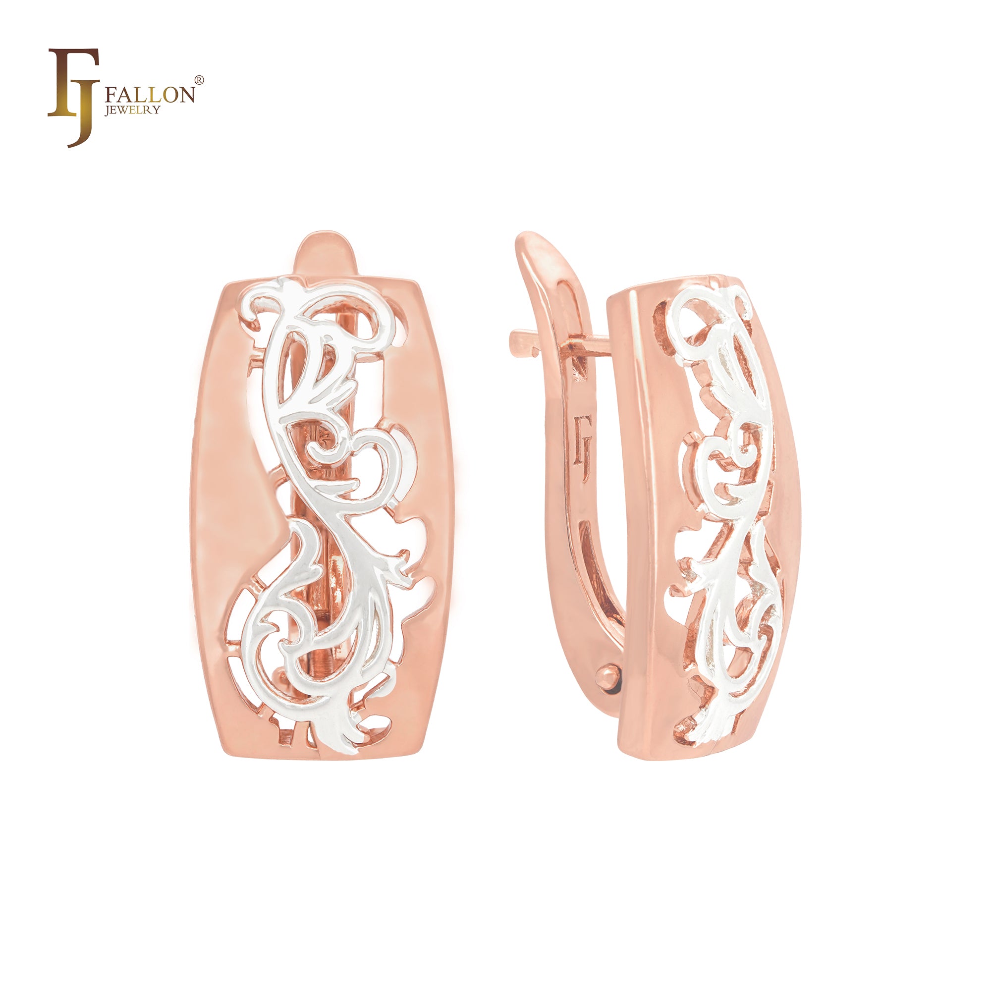 Phoenix feather filigree Rose Gold two tone Russian Lock Earrings