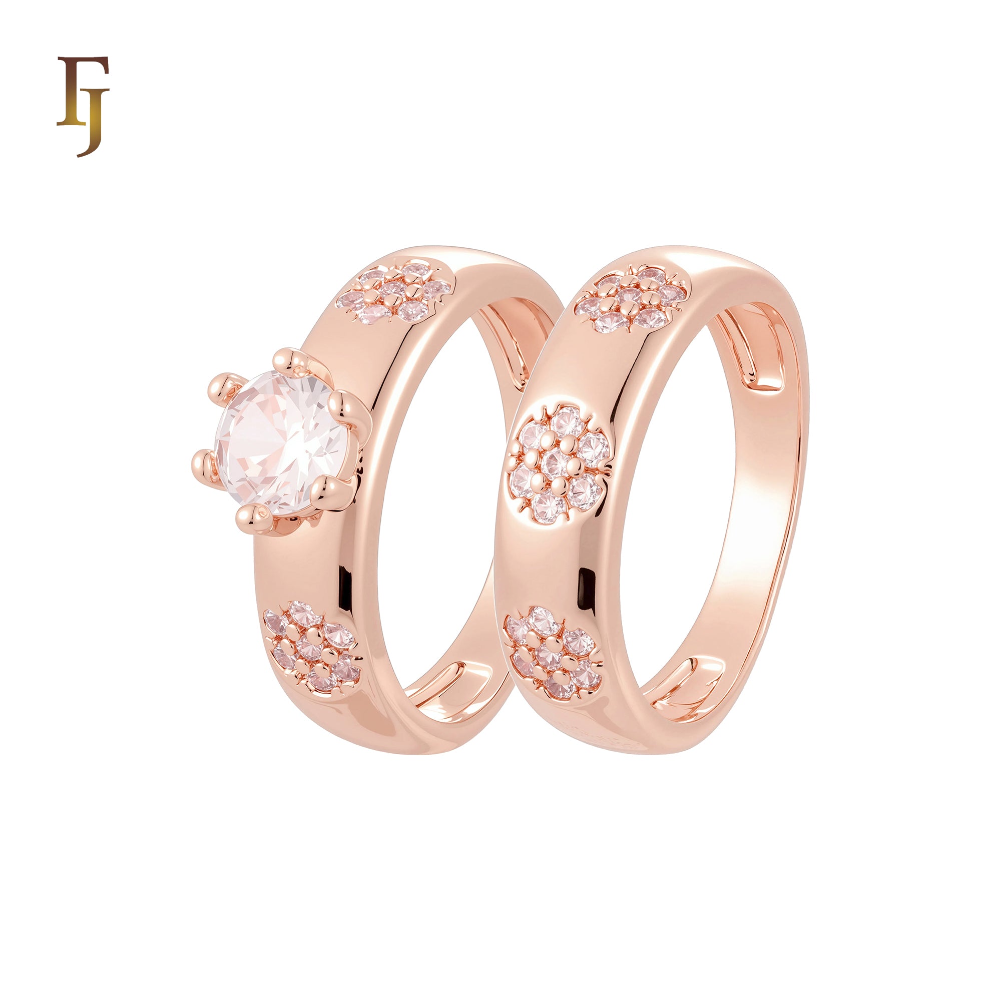 Triple Flowers white CZs 14K Gold, Rose Gold Wedding Set Rings