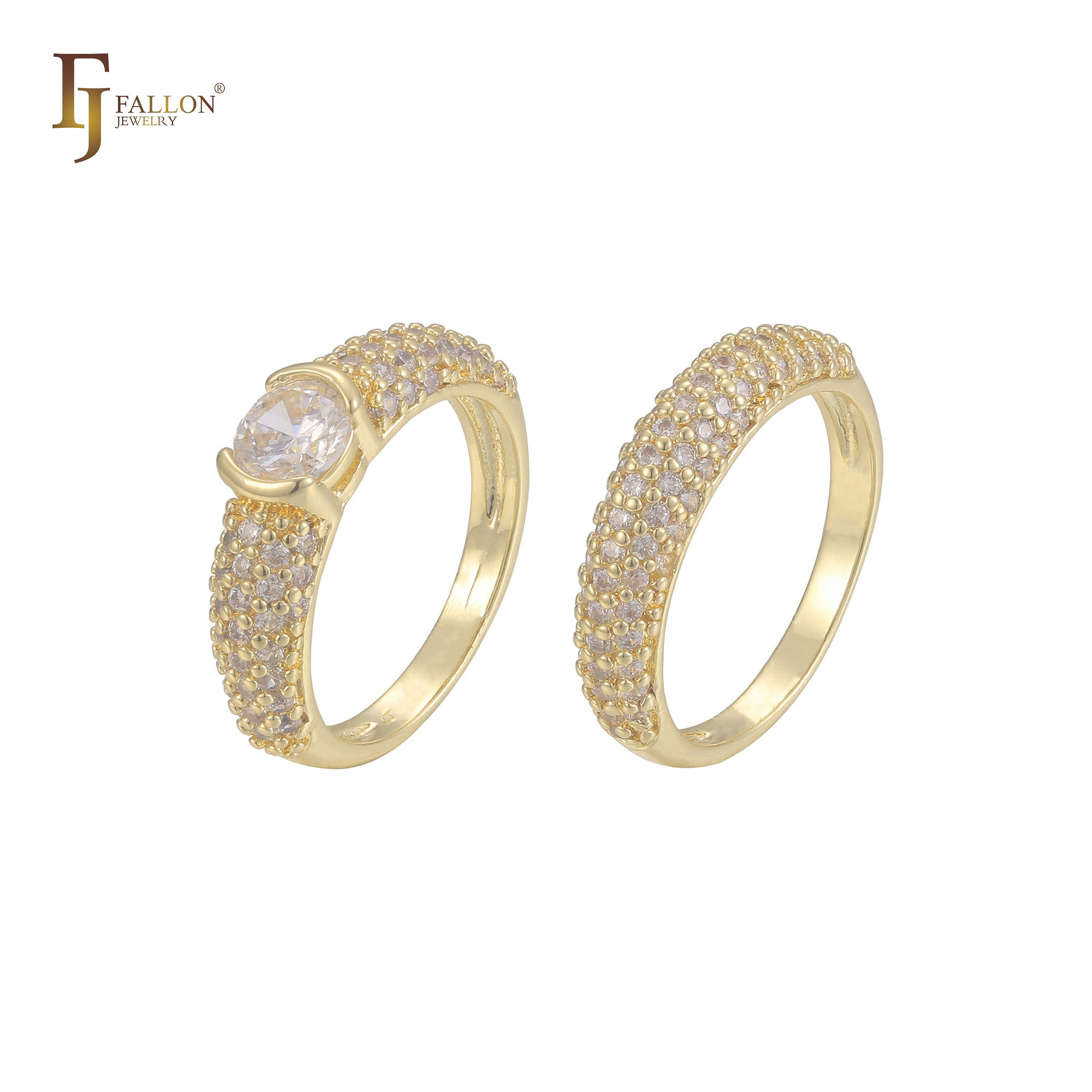 Paved white CZs Solitaire 14K Gold Wedding Set Rings